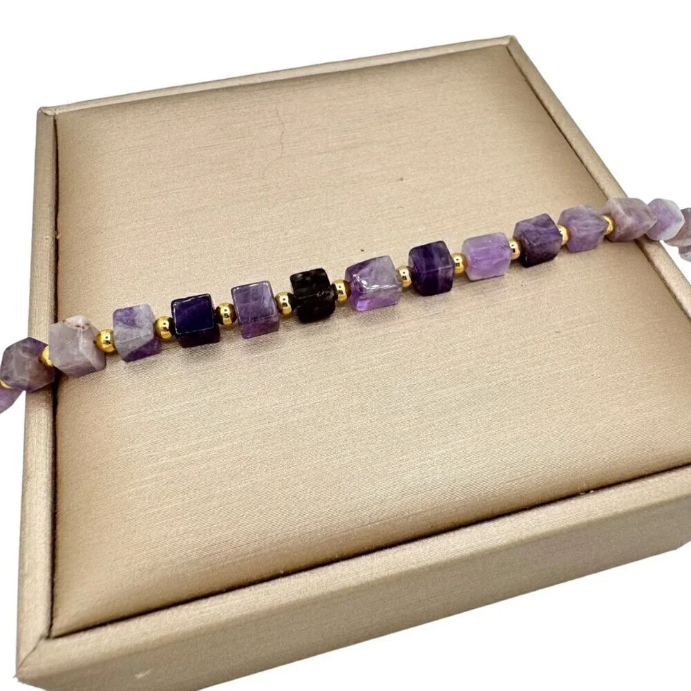NWT Amethyst Beaded Bracelet 18K Gold Plated Geometric Purple 6.5”